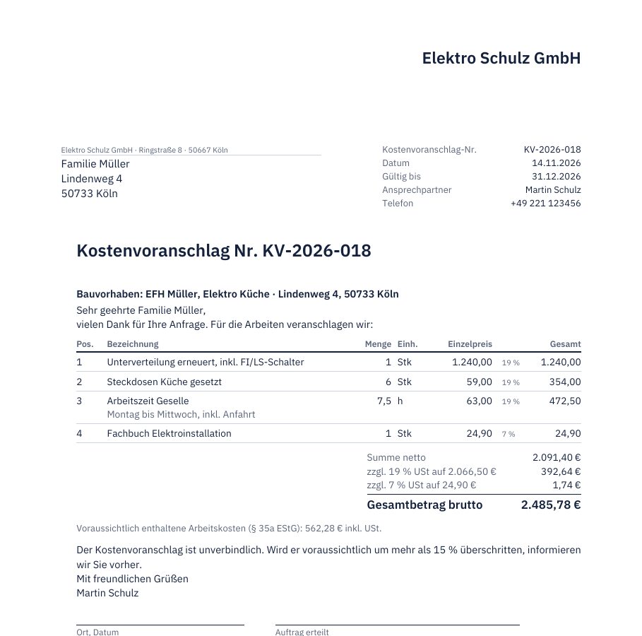 Beispiel eines Kostenvoranschlags mit Bauvorhaben, Positionen, Gültigkeit und Unterschriftsfeld für die Auftragserteilung