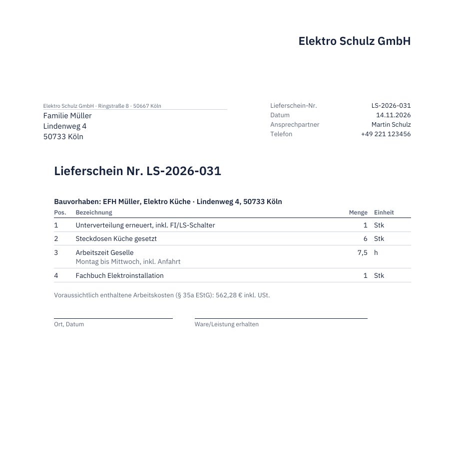 Muster eines Lieferscheins mit Positionen und Unterschriftsfeld