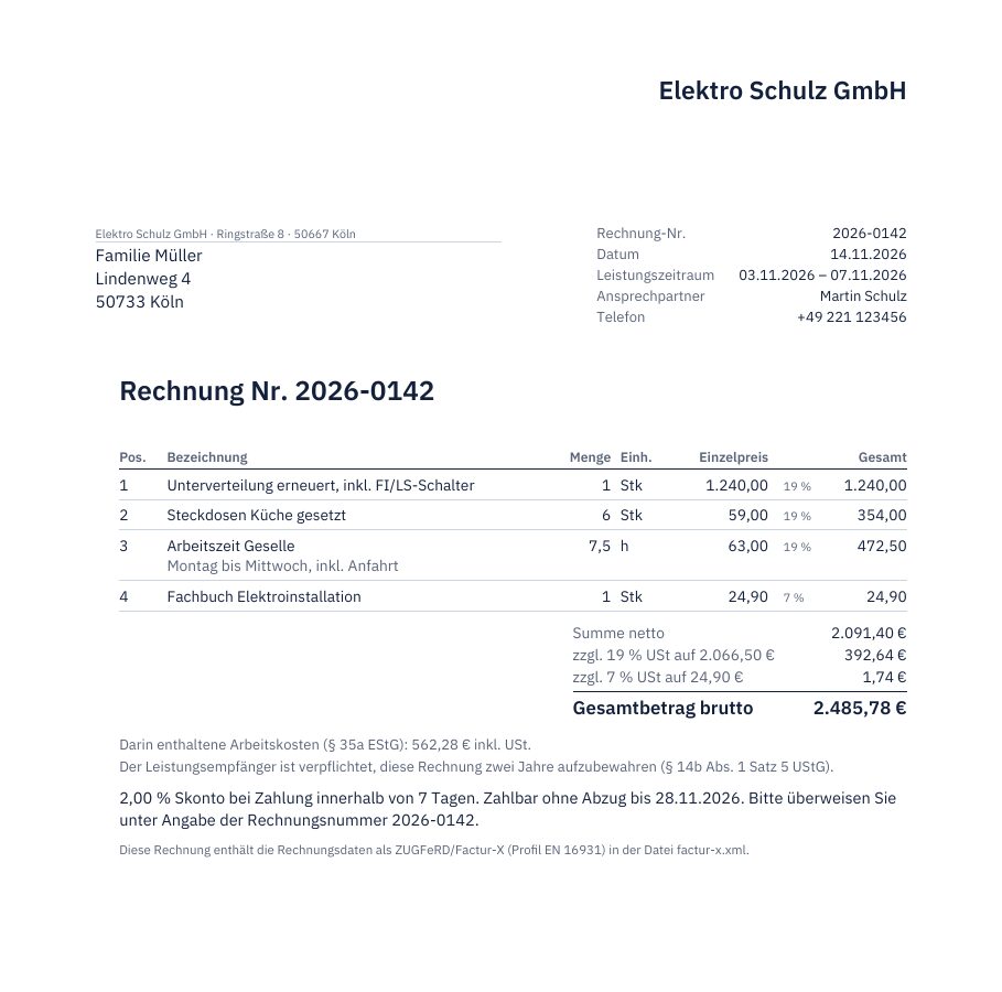 Beispielrechnung eines Elektrobetriebs mit Positionen, Umsatzsteuer 19 und 7 Prozent und Lohnanteil nach § 35a